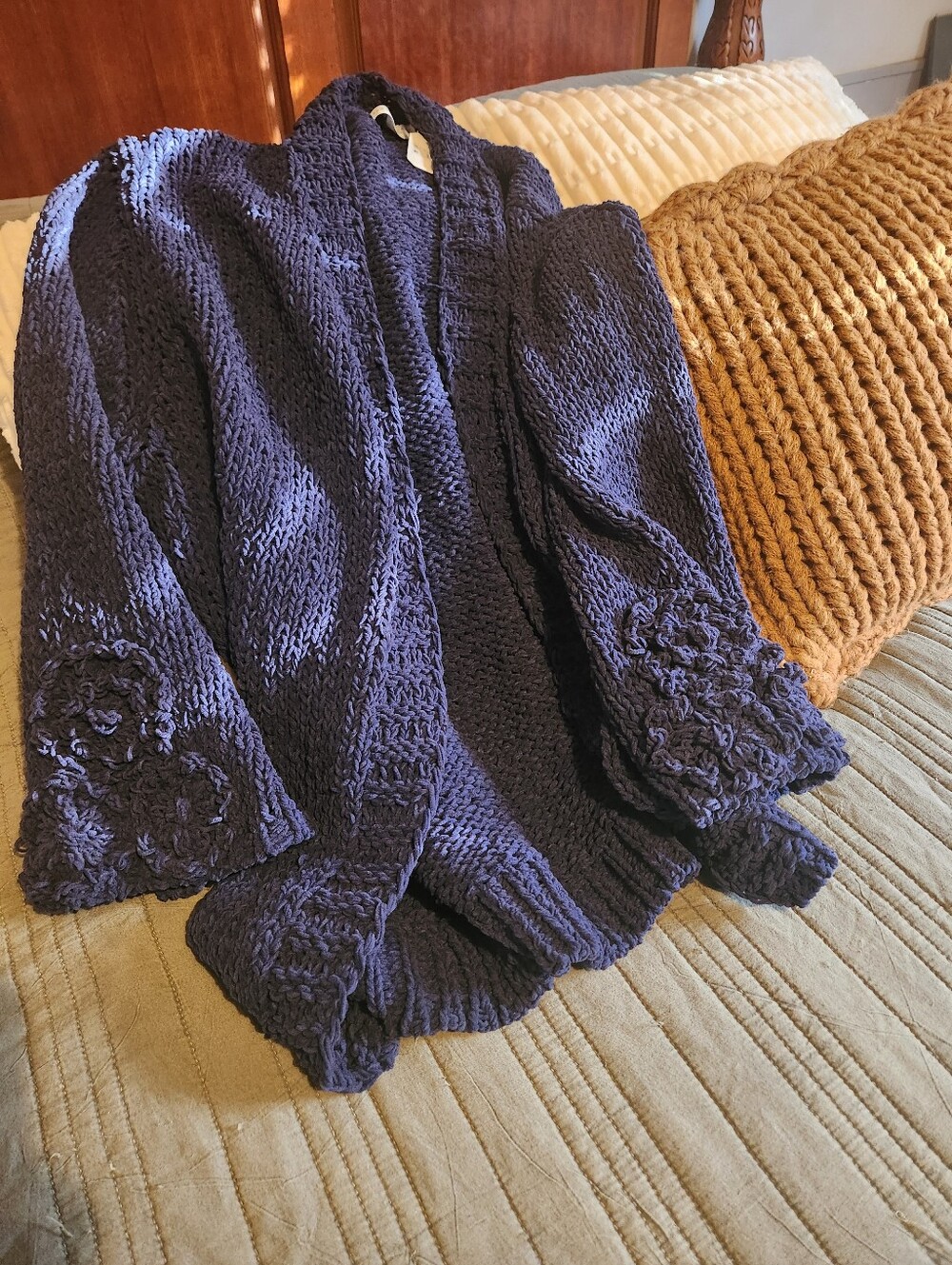 Altar'd State Chunky Navy Open-Front Knit Cardigan with Floral Cuff